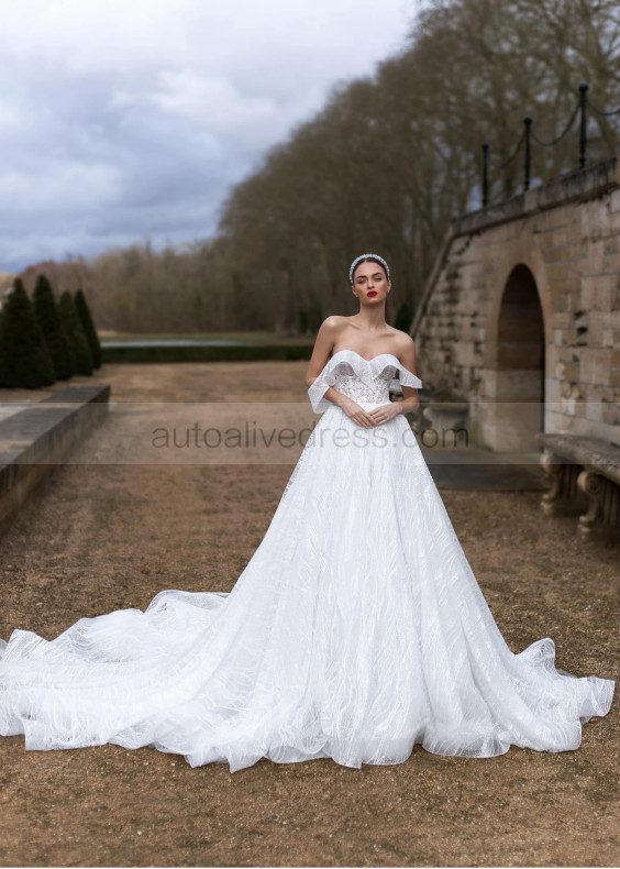 Off Shoulder White Glitter Lace Tulle Modern Wedding Dress